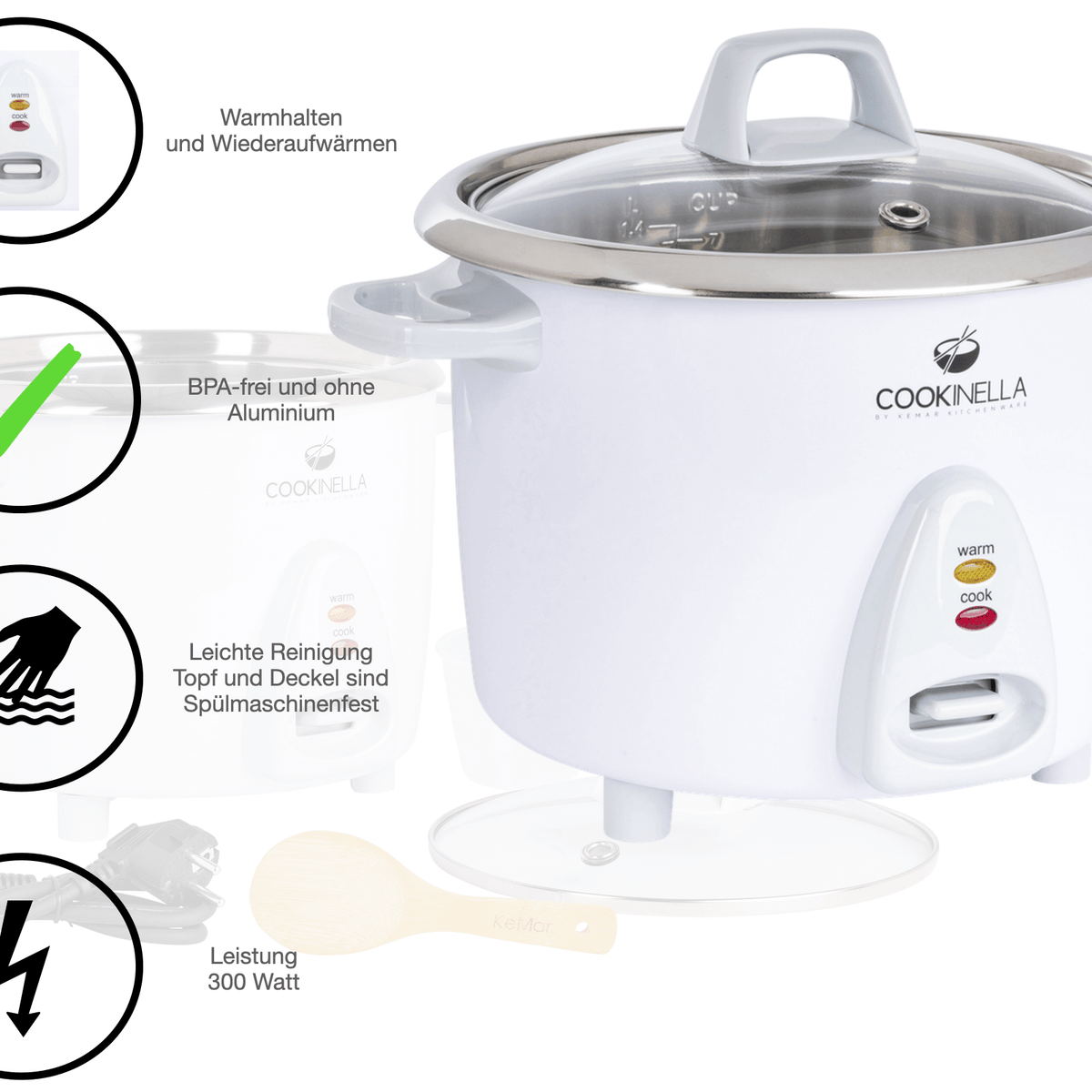 Ein digitaler Reiskocher ohne Aluminium und BPA-frei mit leichter Bedienung da spülmaschinenfest und einer Leistung von 300 Watt KRC-100