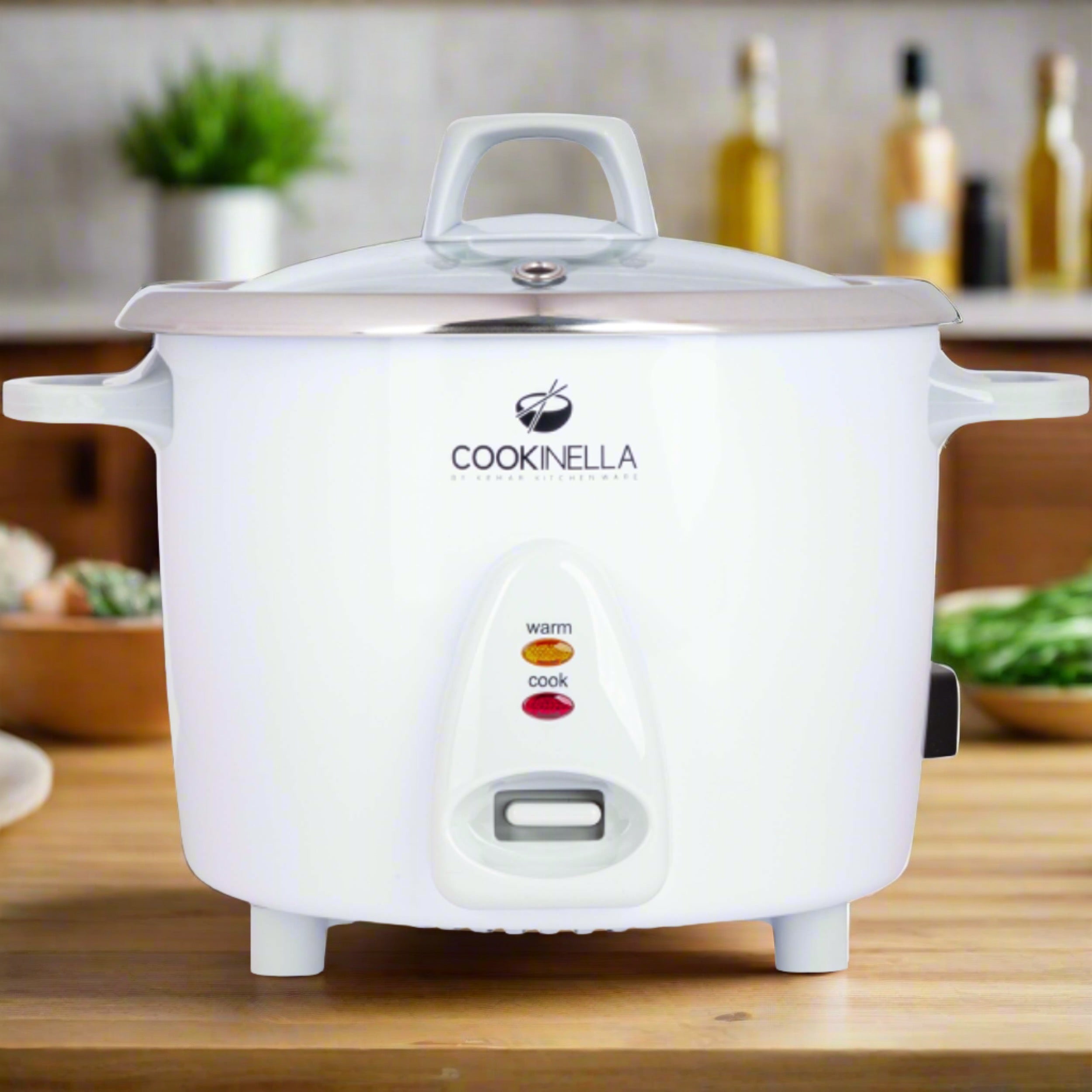 Kleiner Reiskocher KRC-200 ohne Keramikbeschichtung mit Edelstahlinnentopf und seitlichen Griffen.