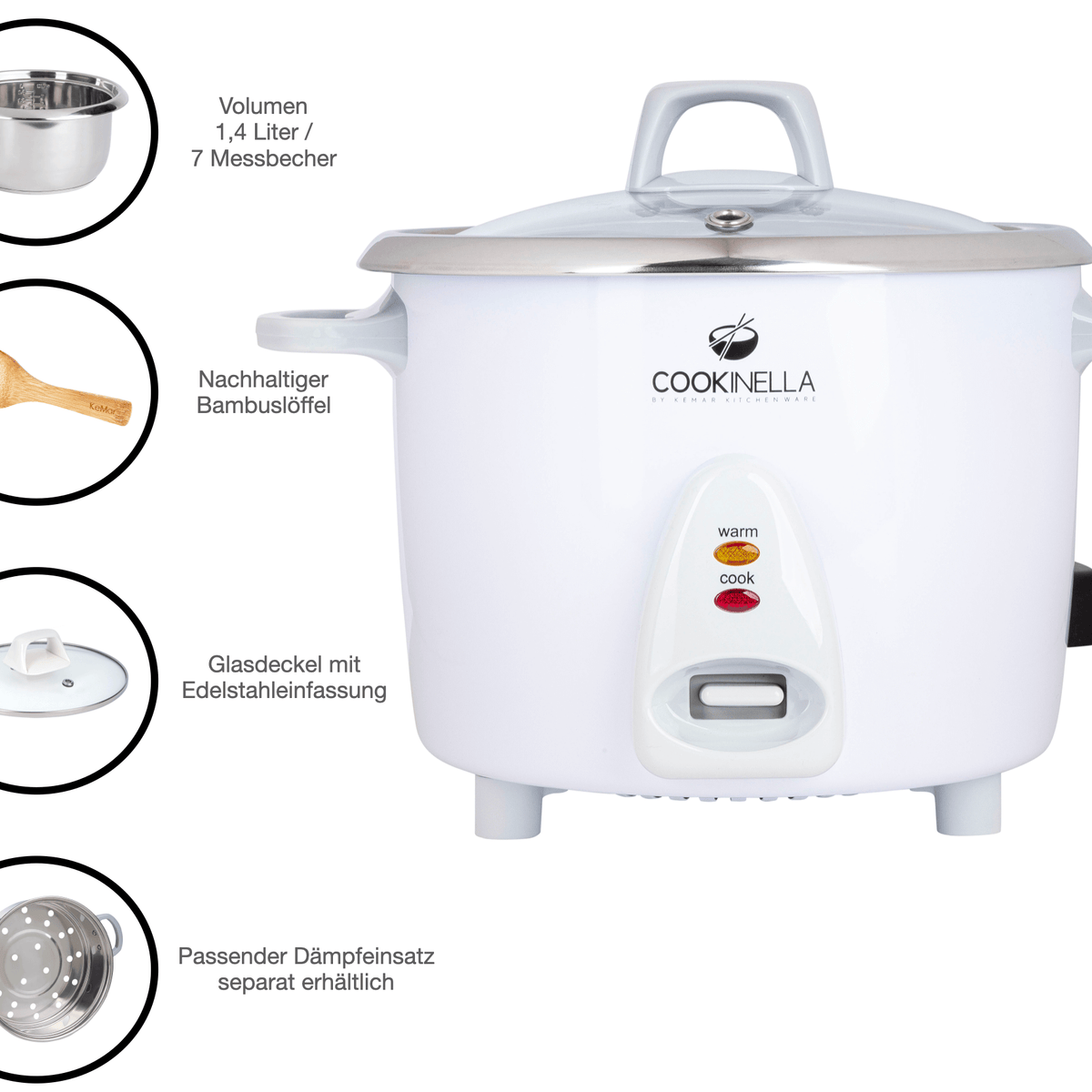 Der Cookinella KRC-200 Reis Kocher für 7 Messbecher Reis und Glasdeckel Reiskocher Keramik