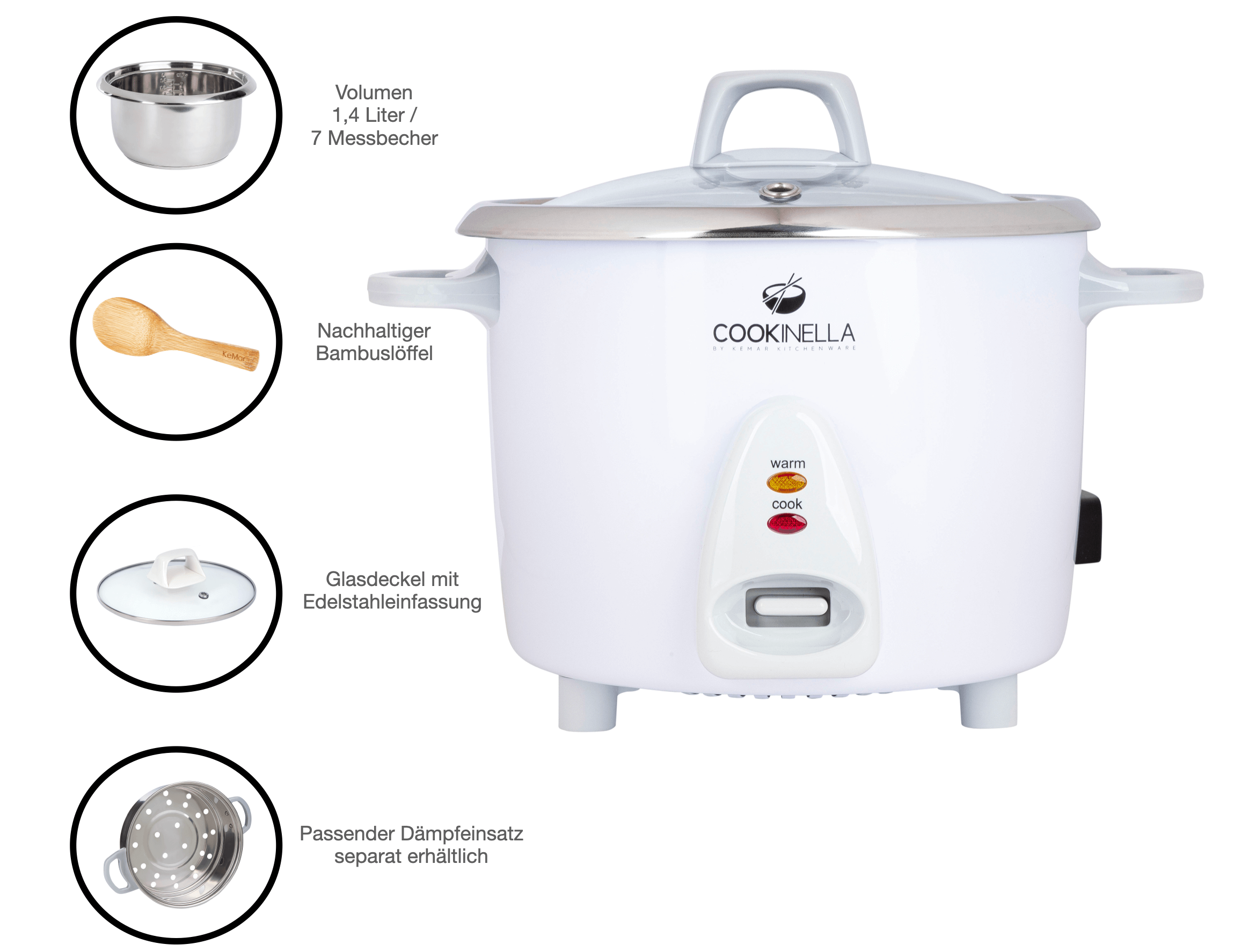 Der Cookinella KRC-200 Reis Kocher für 7 Messbecher Reis und Glasdeckel Reiskocher Keramik