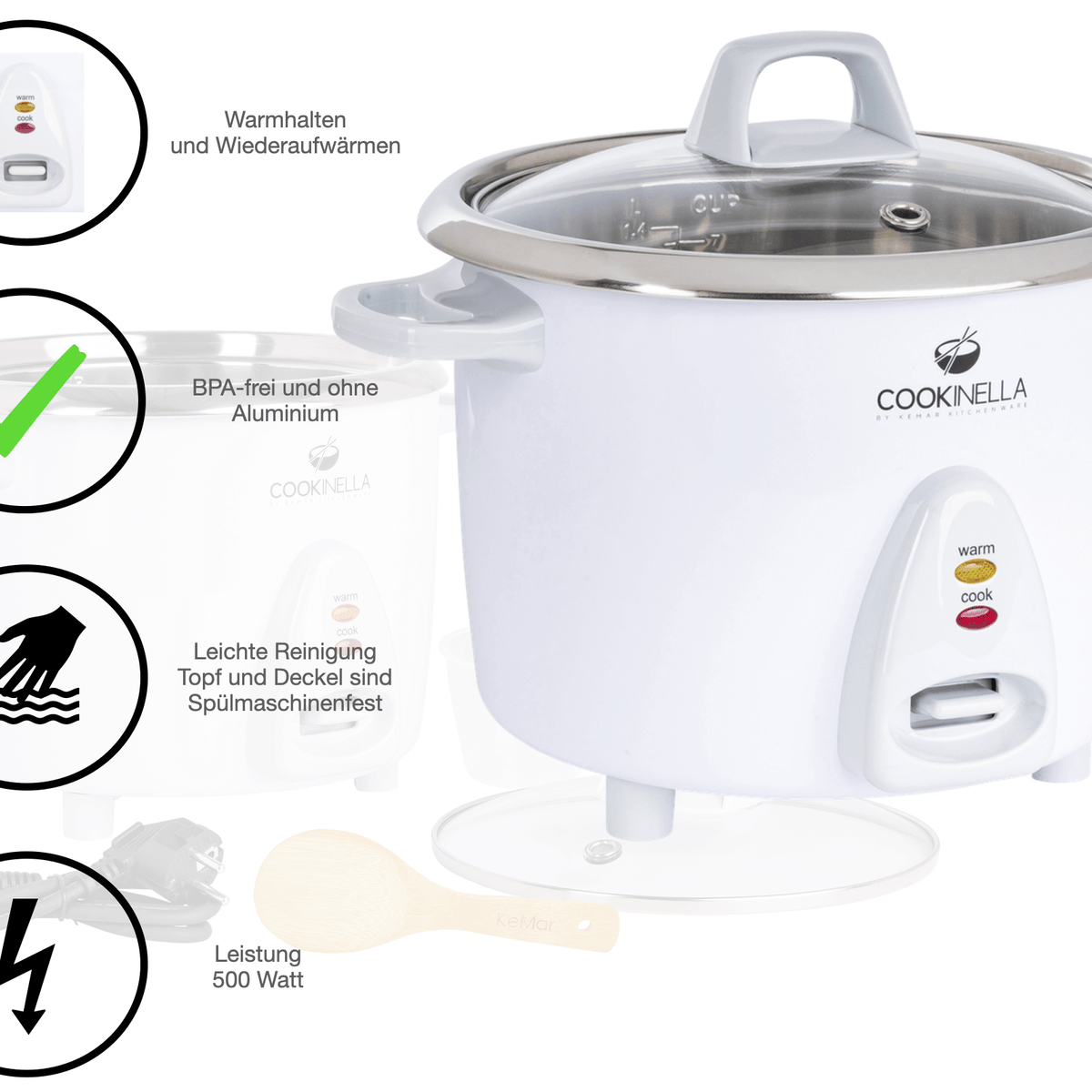 KRC-200 Keramik Reiskocher mit Warmhaltefunktion und Dampfgarer für Gemüse. BPA-frei ohne Aluminium keine Beschichtung.Edelstahl
