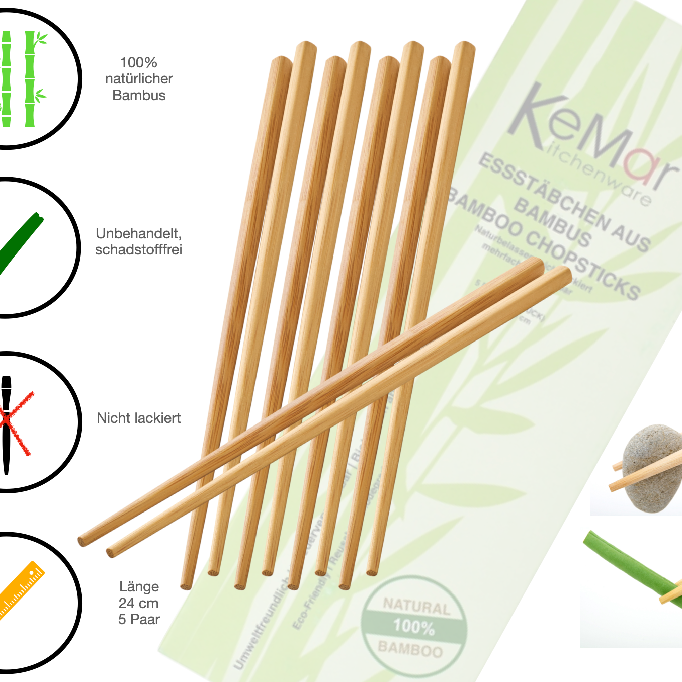 Essstäbchen Bambus Naturbelassen 5 Paar 24 cm - KeMar GmbH | Kitchenware | Haushaltsgeräte