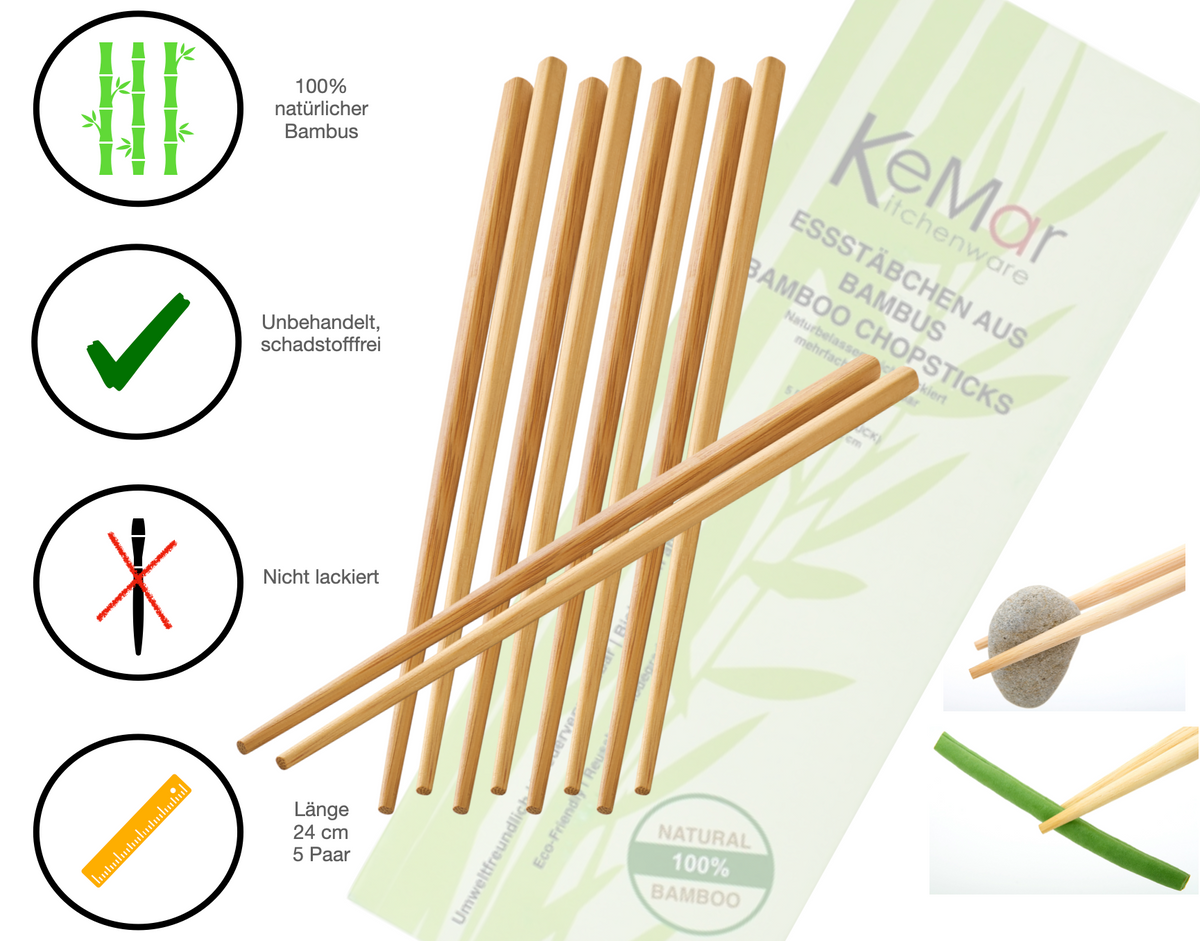 Essstäbchen Bambus Naturbelassen 5 Paar 24 cm - KeMar GmbH | Kitchenware | Haushaltsgeräte