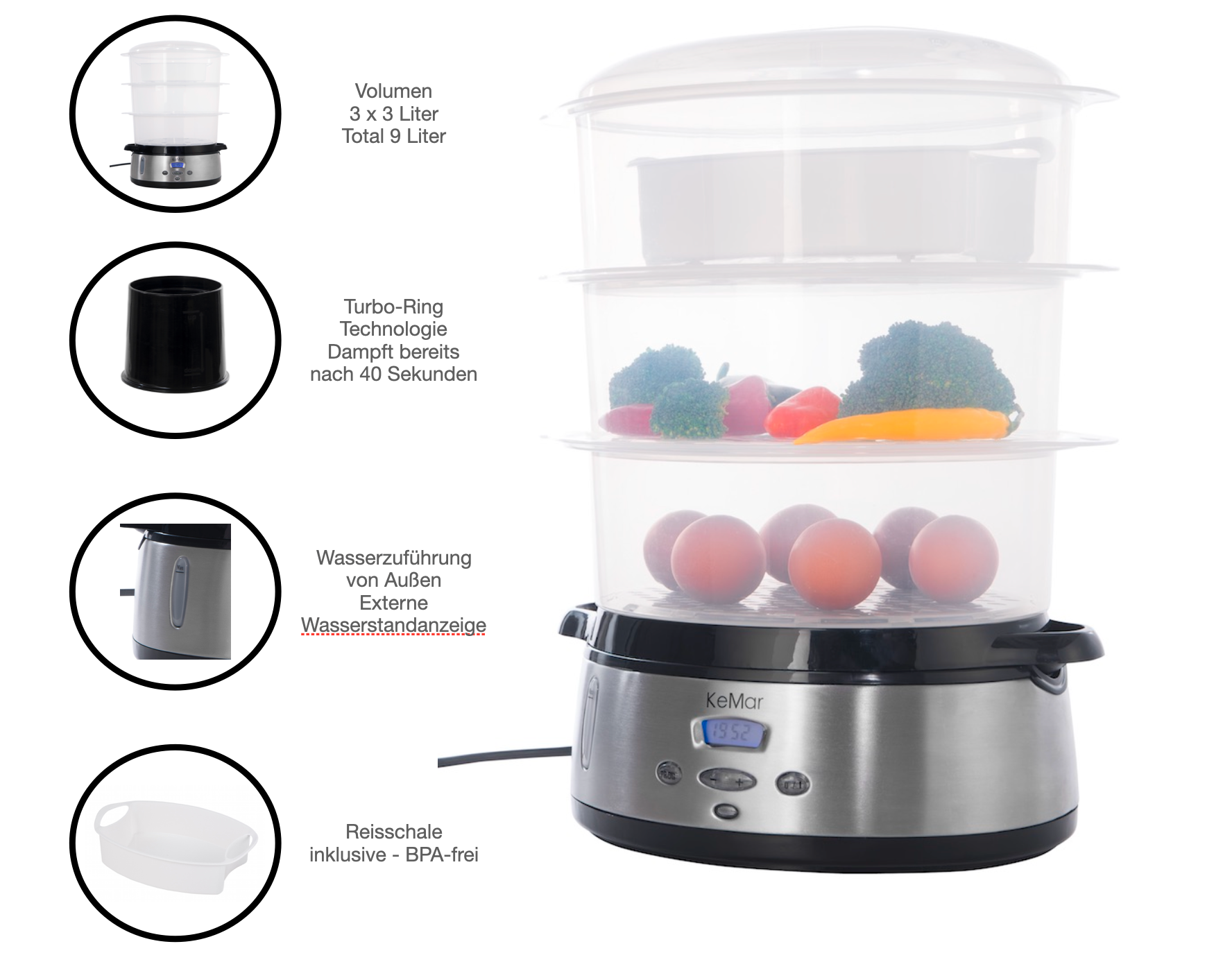 Dampfgarer BPA-frei KFS-700 mit 3 Dünsteinsätzen und Reis dünsten.