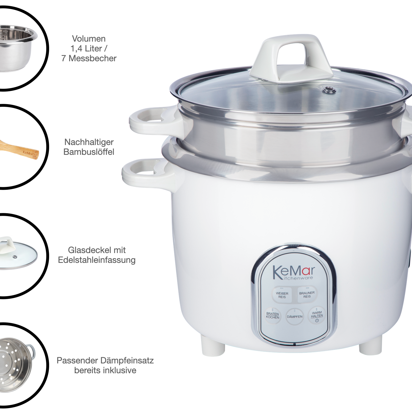 Kompakte Maße KRC-175 Multikocher mit 1,4 liter und 7 Messbecher inklusive Dämpfeinsatz Edelstahl und Edelstahltopf.