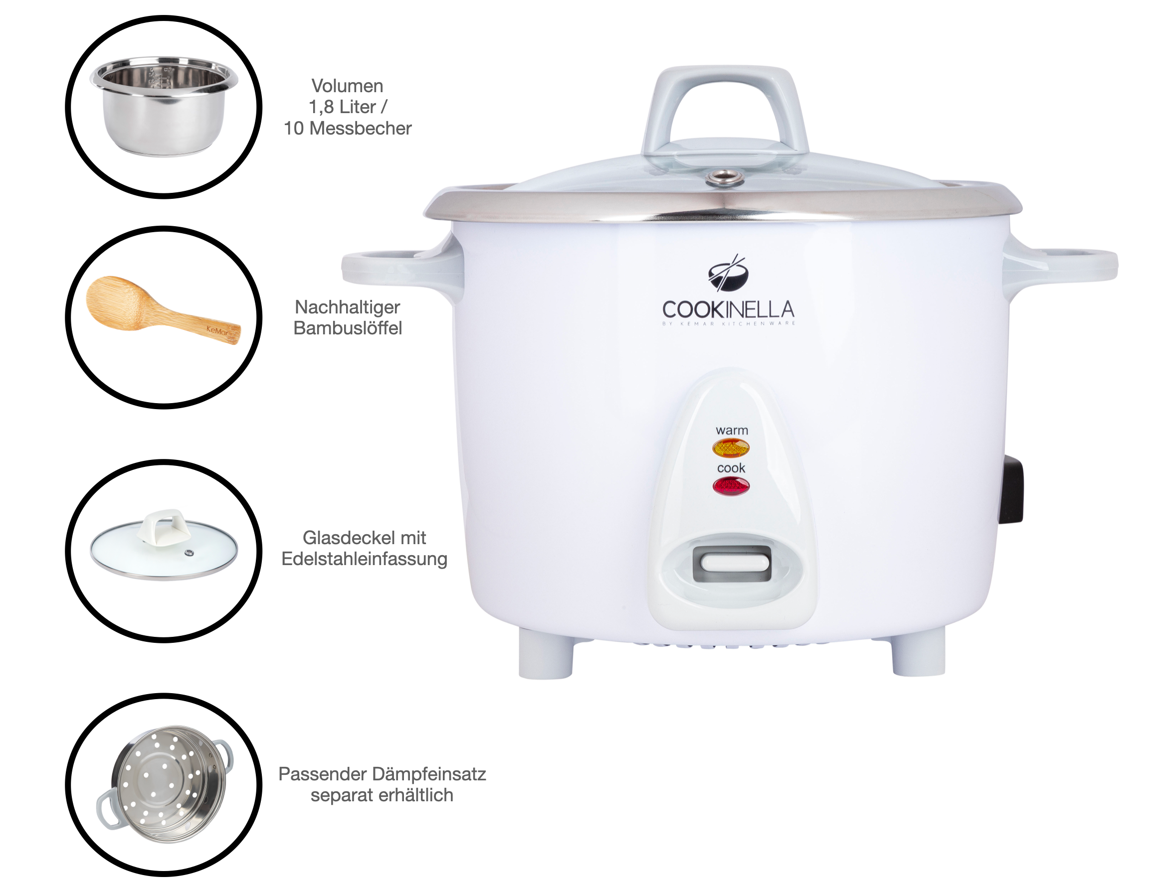 Testsieger bei Reiskochern KRC-300 mit Stahlschüssel ohne Beschichtung auch zum Dampfgaren und Milchreis kochen.