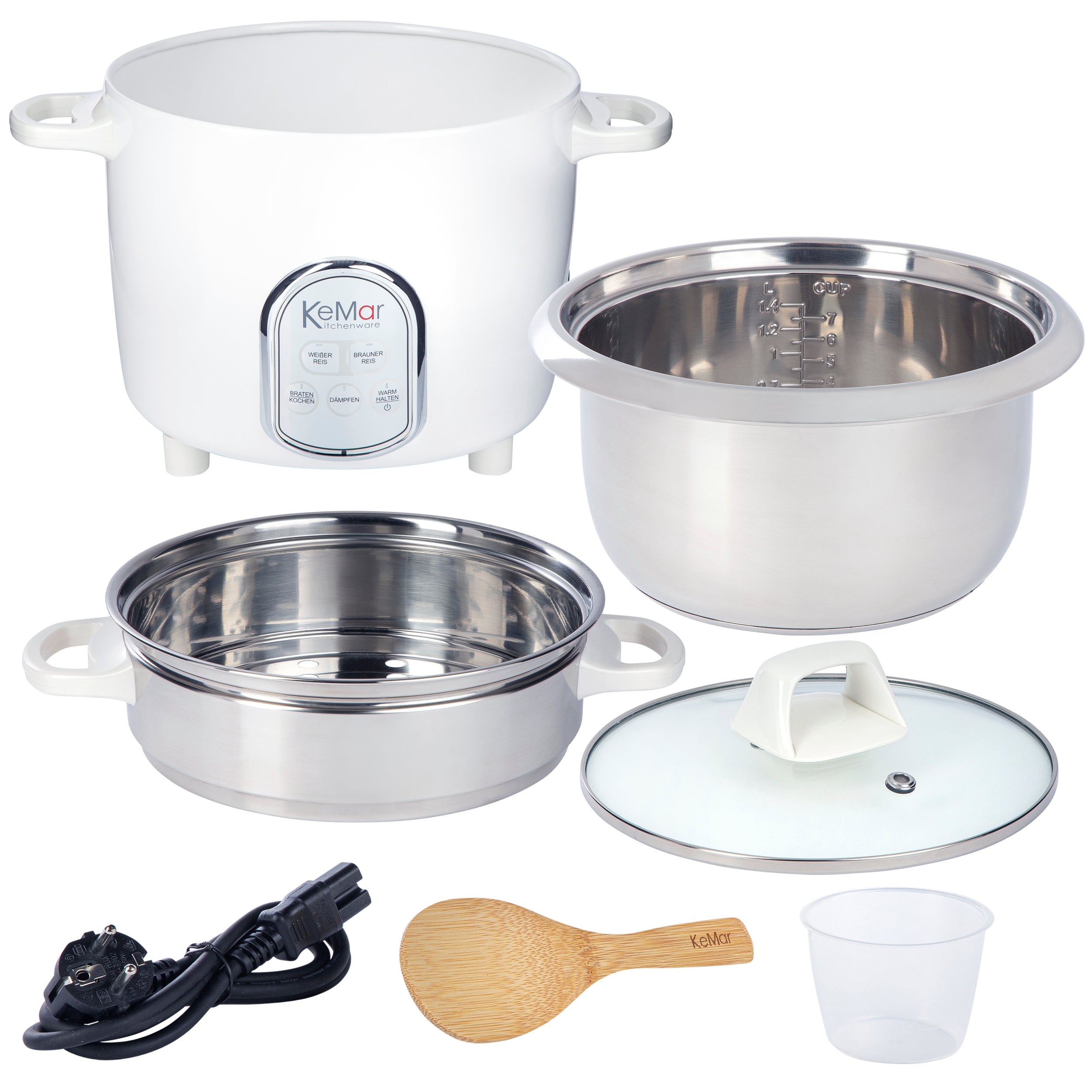 Multikocher zum reis kochen mit Stahlschüssel und Dämpfeinsatz aus Edelstahl mit Zubehör und Dampfen.