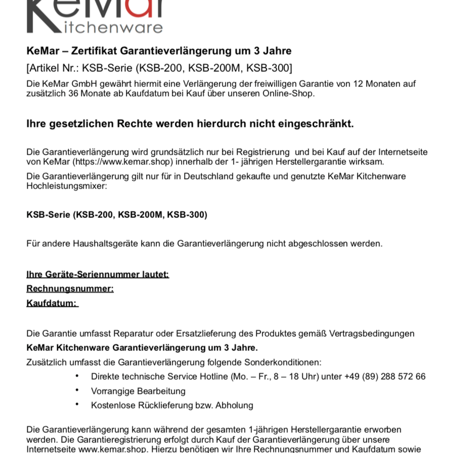 Garantieverlängerung | Für KSB-Serie Hochleistungsmixer | 3 Jahre - KeMar GmbH | Kitchenware | Haushaltsgeräte