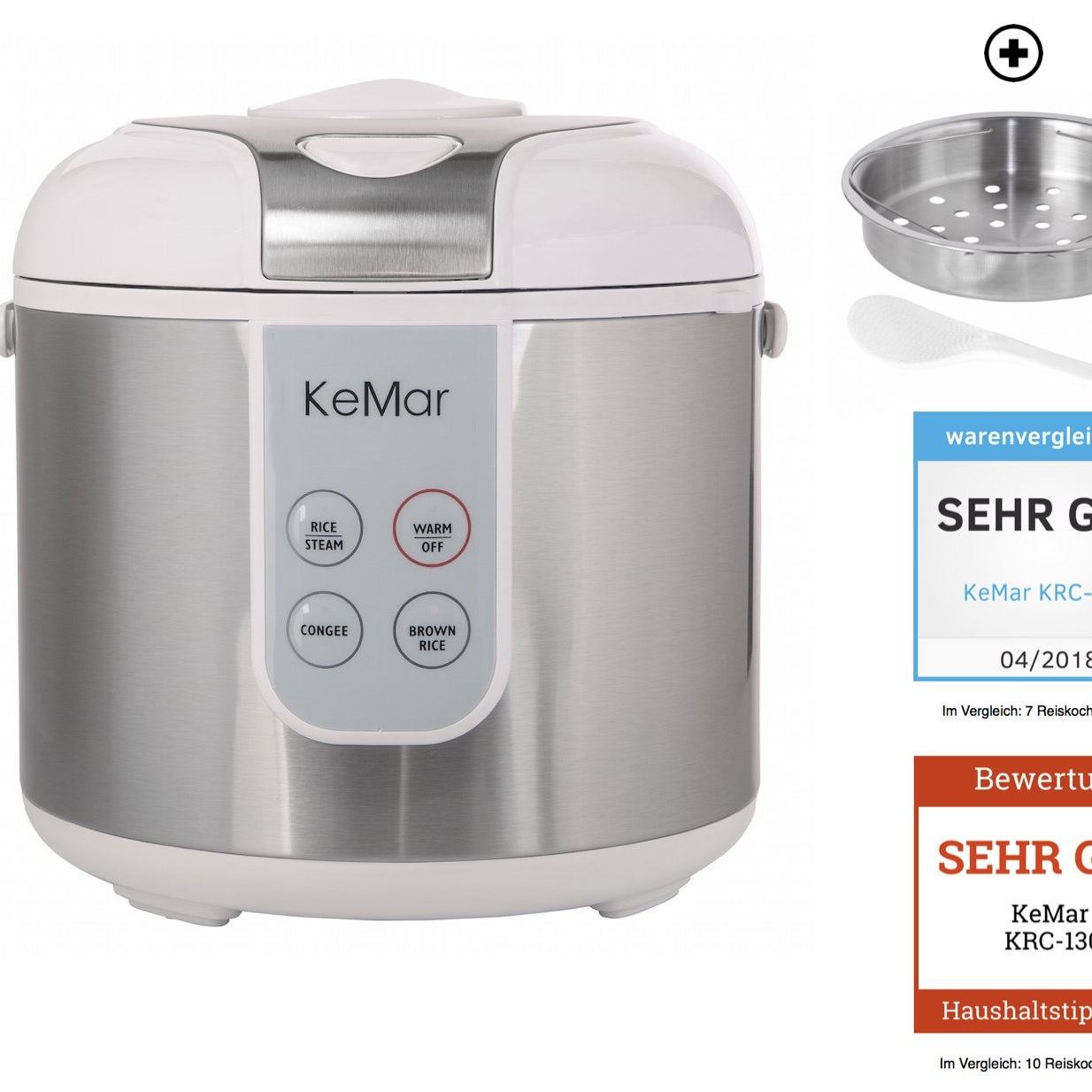 Testsieger Reiskocher KRC-130 mit 4 Programmen wie brauner Reis, weißer Reis, Congee Reisbrei und dämpfen sowie Warmhaltefunktion. Dünsteinsatz aus Edelstahl bereits inklusive.