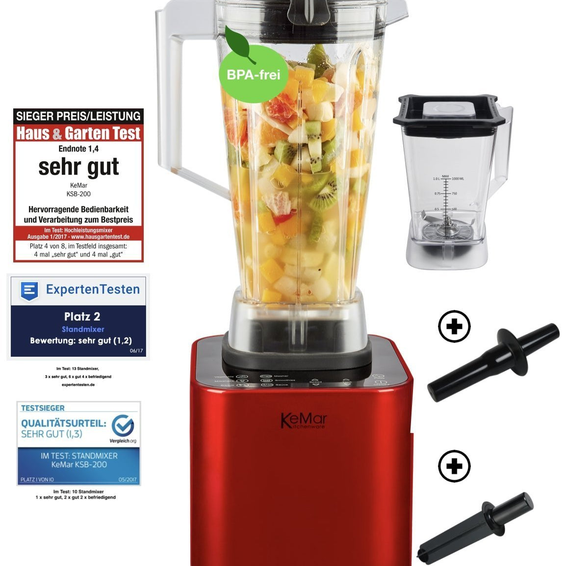 Mit dem KSB-200 Test-Testsieger verleihen Sie jeder Mahlzeit und jedem Getränk das gewisse Etwas. Dank seiner breiten Palette an Funktionen, egal ob als Standmixer, Zerkleinerer, Universalmixer oder Shake maker, erzielen Sie immer das perfekte Ergebnis, egal wie anspruchsvoll Ihr Geschmack auch ist. Mit dem KSB-200 Test-Testsieger kaufen Sie ein Premium-Mixgerät der Extraklasse.