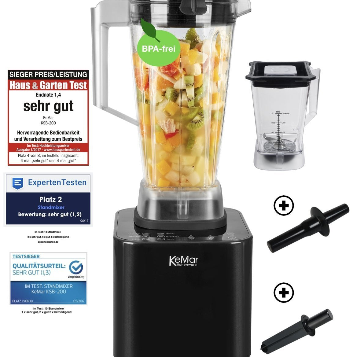 Der KSB-200 ist der perfekte Helfer in der Küche! Ausgestattet mit einem 2 Liter Behälter und einer Leistung von 1500 Watt eignet er sich hervorragend für die Zubereitung von Smoothies, Milchshakes, Gemüsesäften, Cocktails, Suppen, Brei, Saucen und Dips. Erlebe Apfel-Karotten-Saft oder einen exotischen Cocktail in deiner Küche!