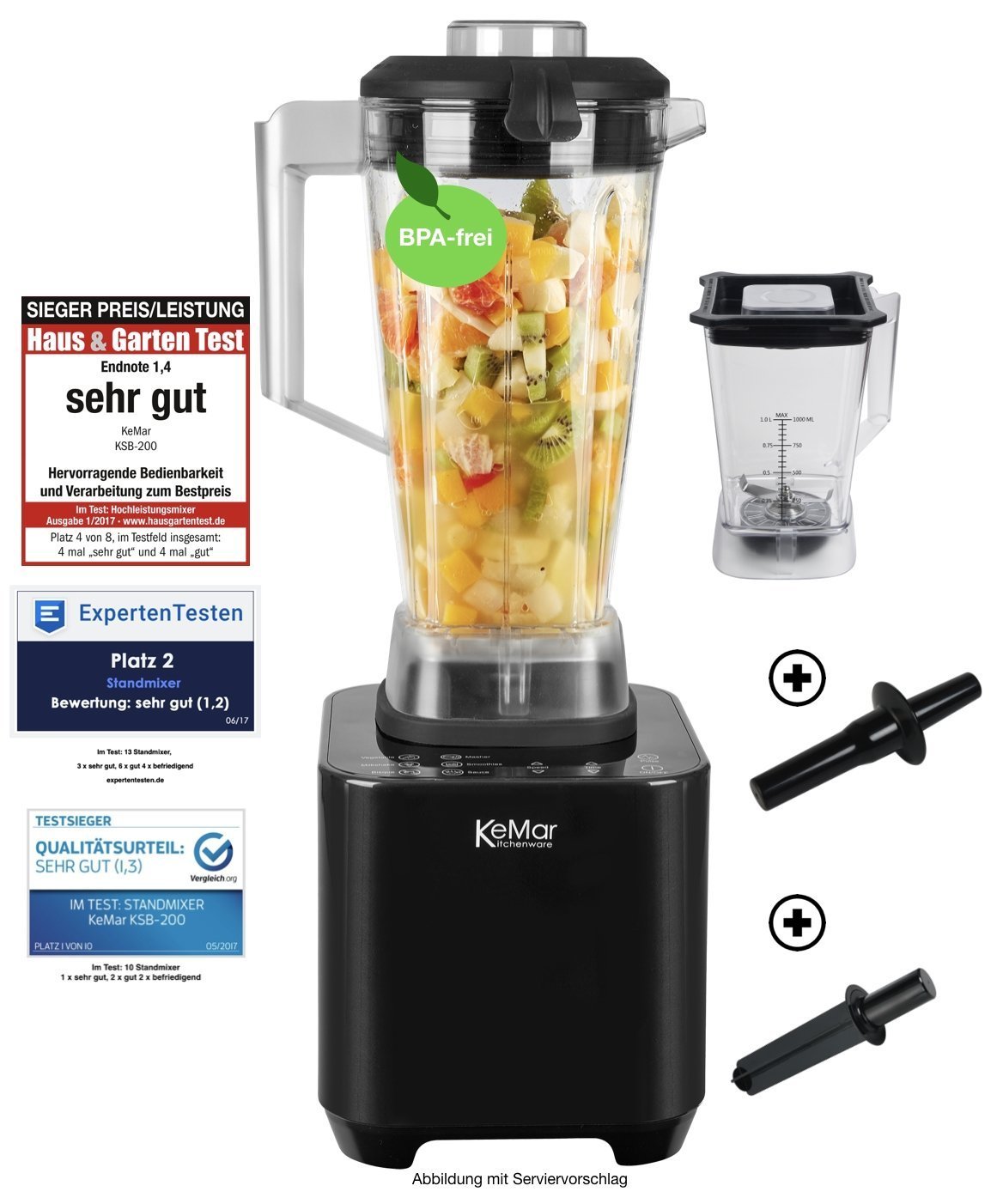 Der KSB-200 ist der perfekte Helfer in der Küche! Ausgestattet mit einem 2 Liter Behälter und einer Leistung von 1500 Watt eignet er sich hervorragend für die Zubereitung von Smoothies, Milchshakes, Gemüsesäften, Cocktails, Suppen, Brei, Saucen und Dips. Erlebe Apfel-Karotten-Saft oder einen exotischen Cocktail in deiner Küche!