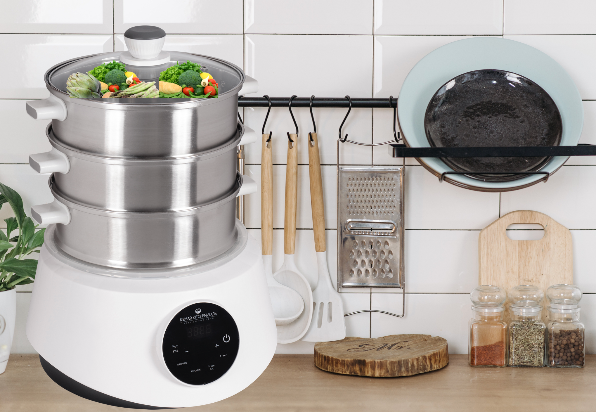 KeMar Dampfgarer KFS-3000 mit Edelstahldämpfkörben und Hotpot Fondue in Küche mit Essen