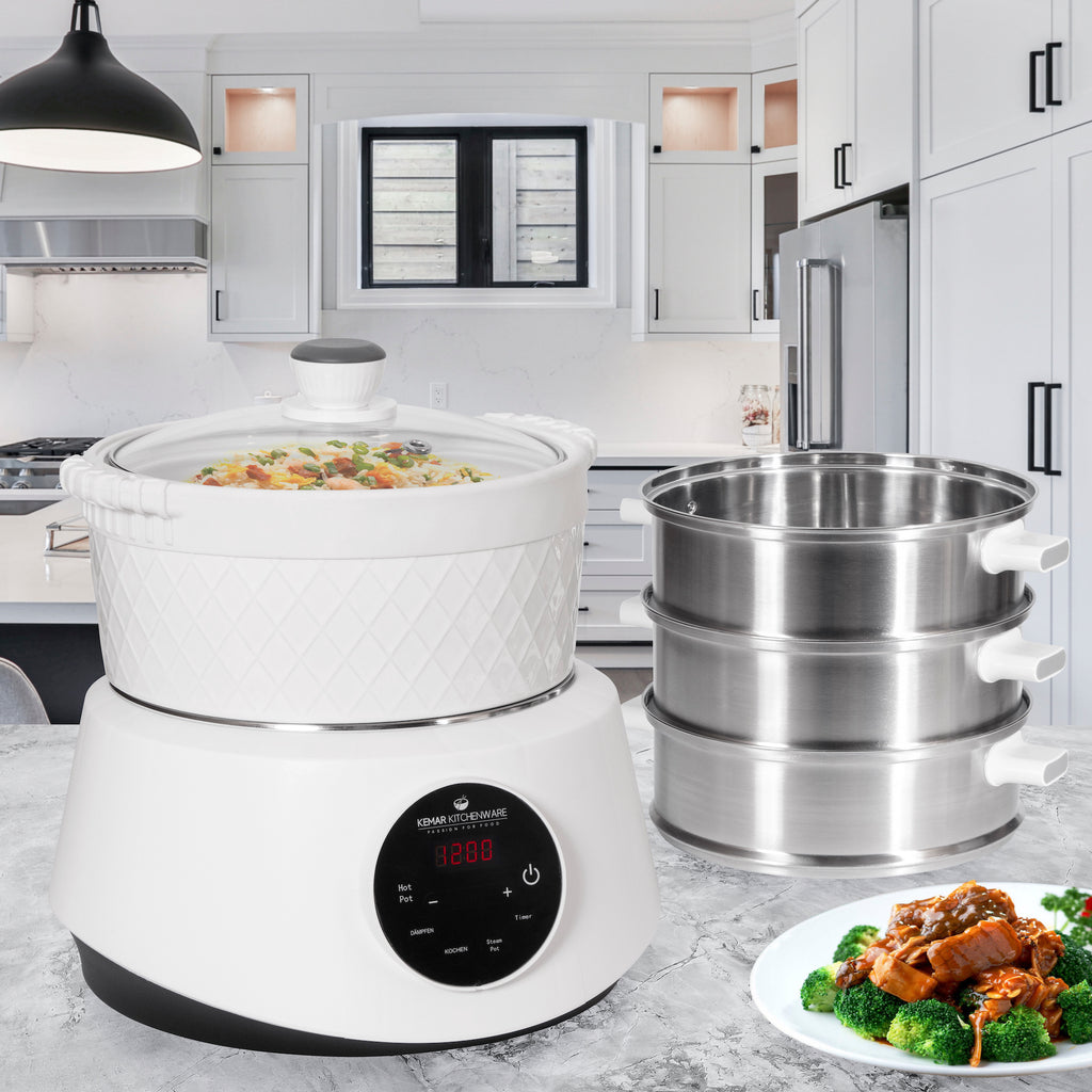 KeMar Dampfgarer KFS-3000 mit Edelstahldämpfkörben und Hotpot Fondue in Küche mit Essen
