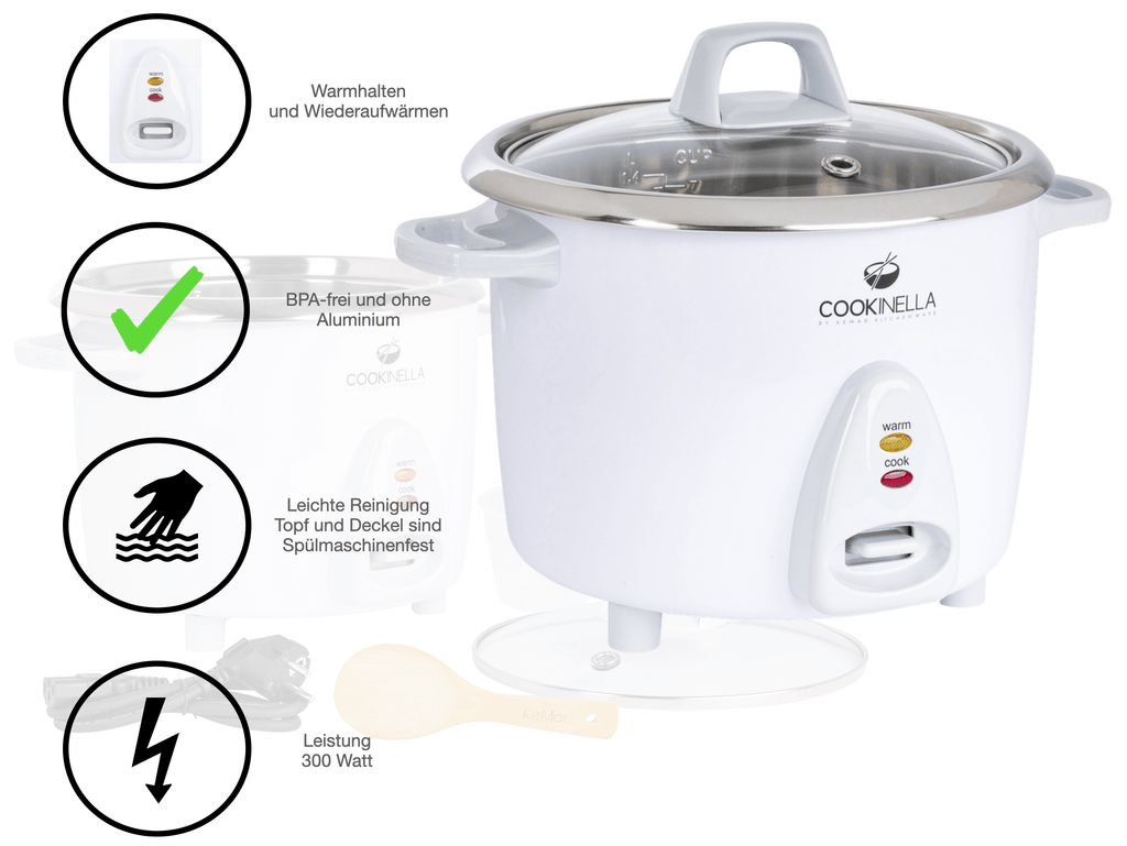 Ein digitaler Reiskocher ohne Aluminium und BPA-frei mit leichter Bedienung da spülmaschinenfest und einer Leistung von 300 Watt KRC-100