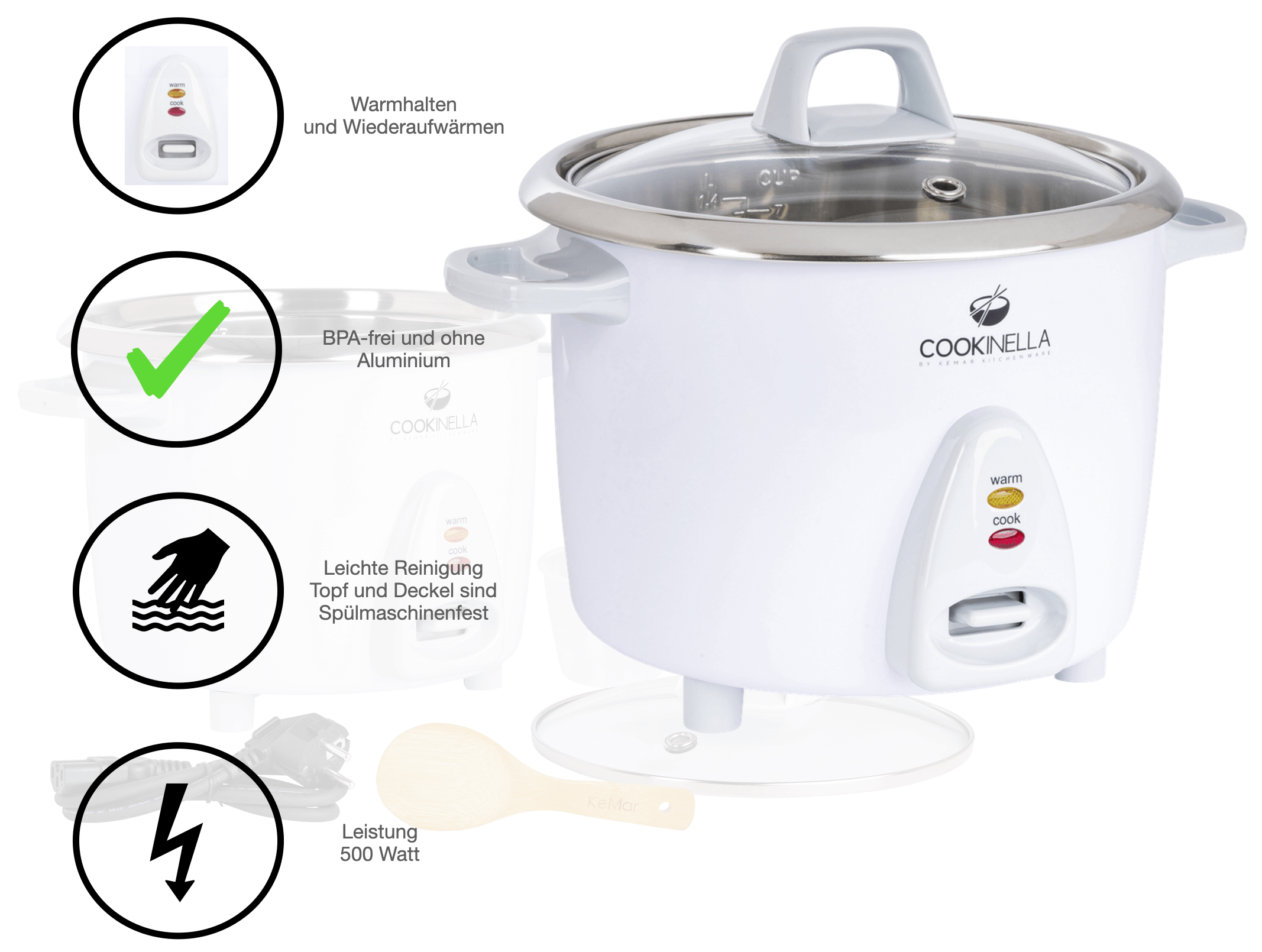KRC-200 Keramik Reiskocher mit Warmhaltefunktion und Dampfgarer für Gemüse. BPA-frei ohne Aluminium keine Beschichtung.Edelstahl