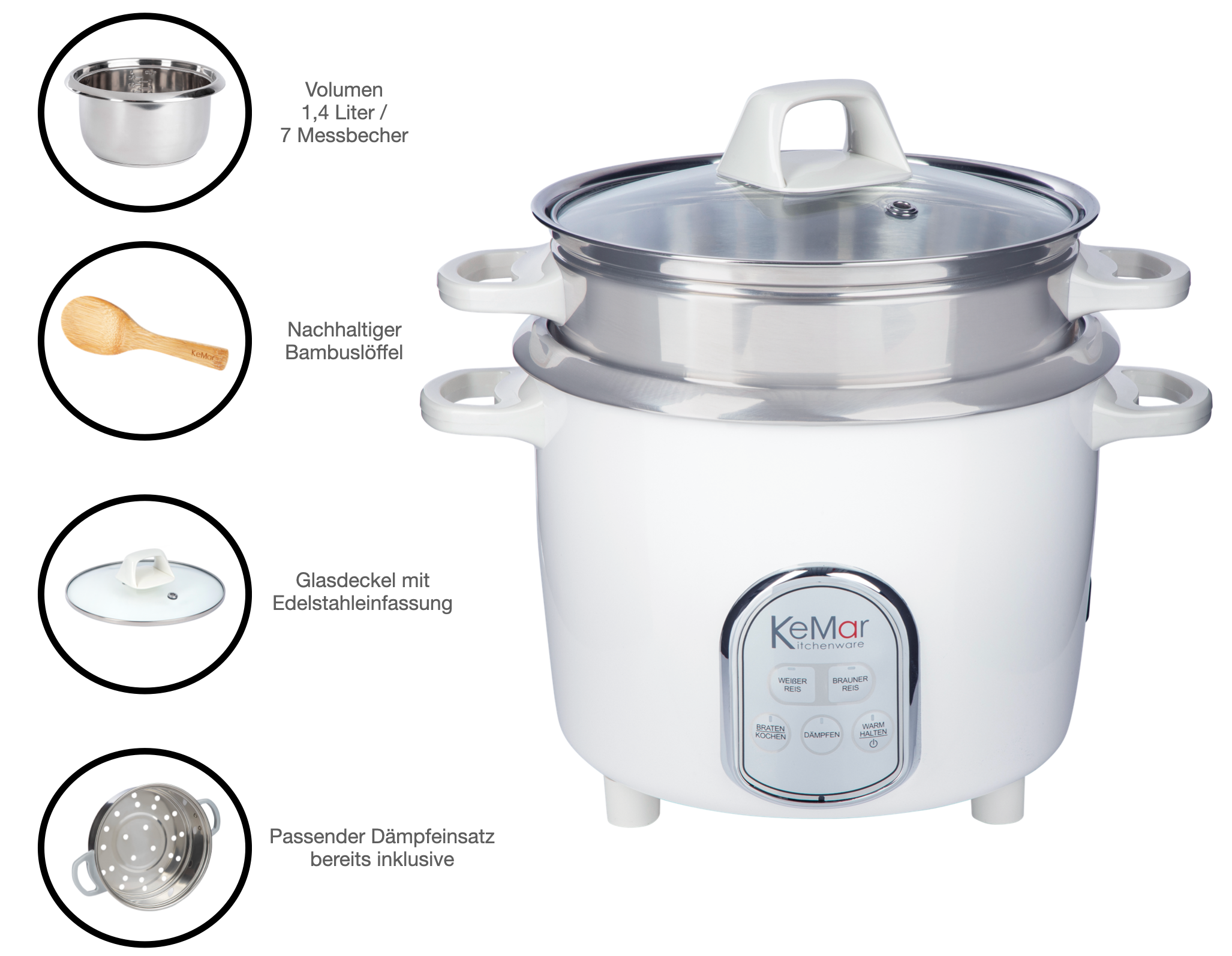 Kompakte Maße KRC-175 Multikocher mit 1,4 liter und 7 Messbecher inklusive Dämpfeinsatz Edelstahl und Edelstahltopf. 