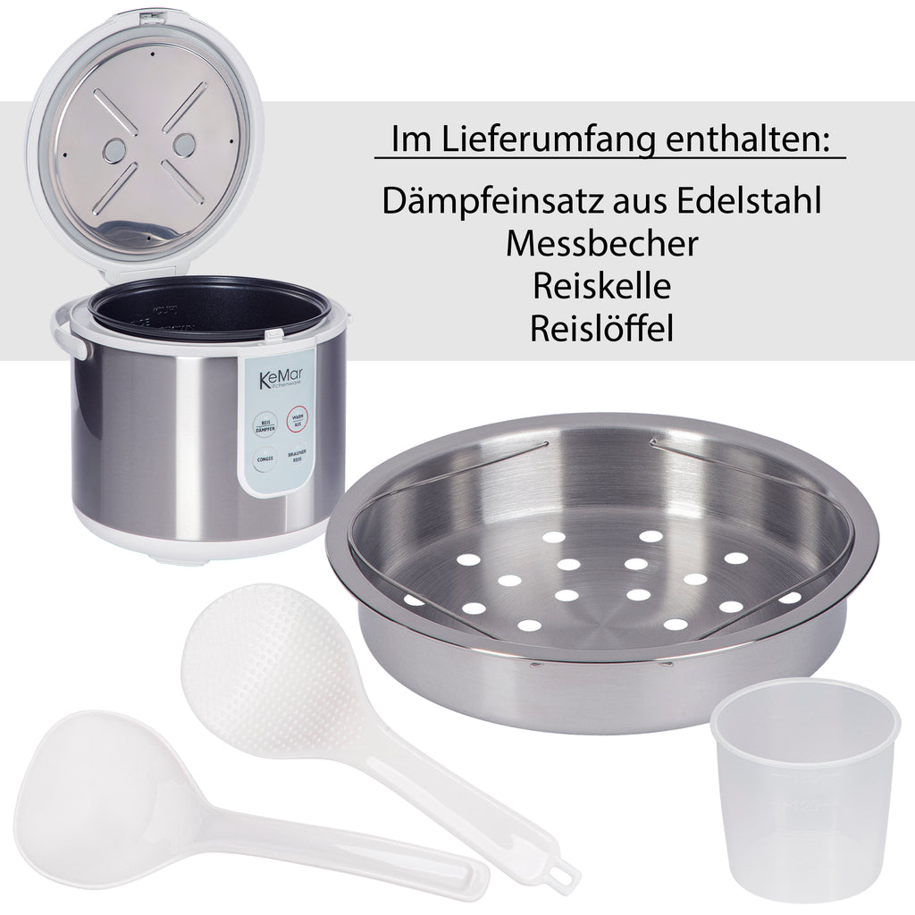 Lieferumfang KRC130 Reis Kocher mit Edelstahl Dämpfer, Keramiktopf Messbecher und Reislöffel. 