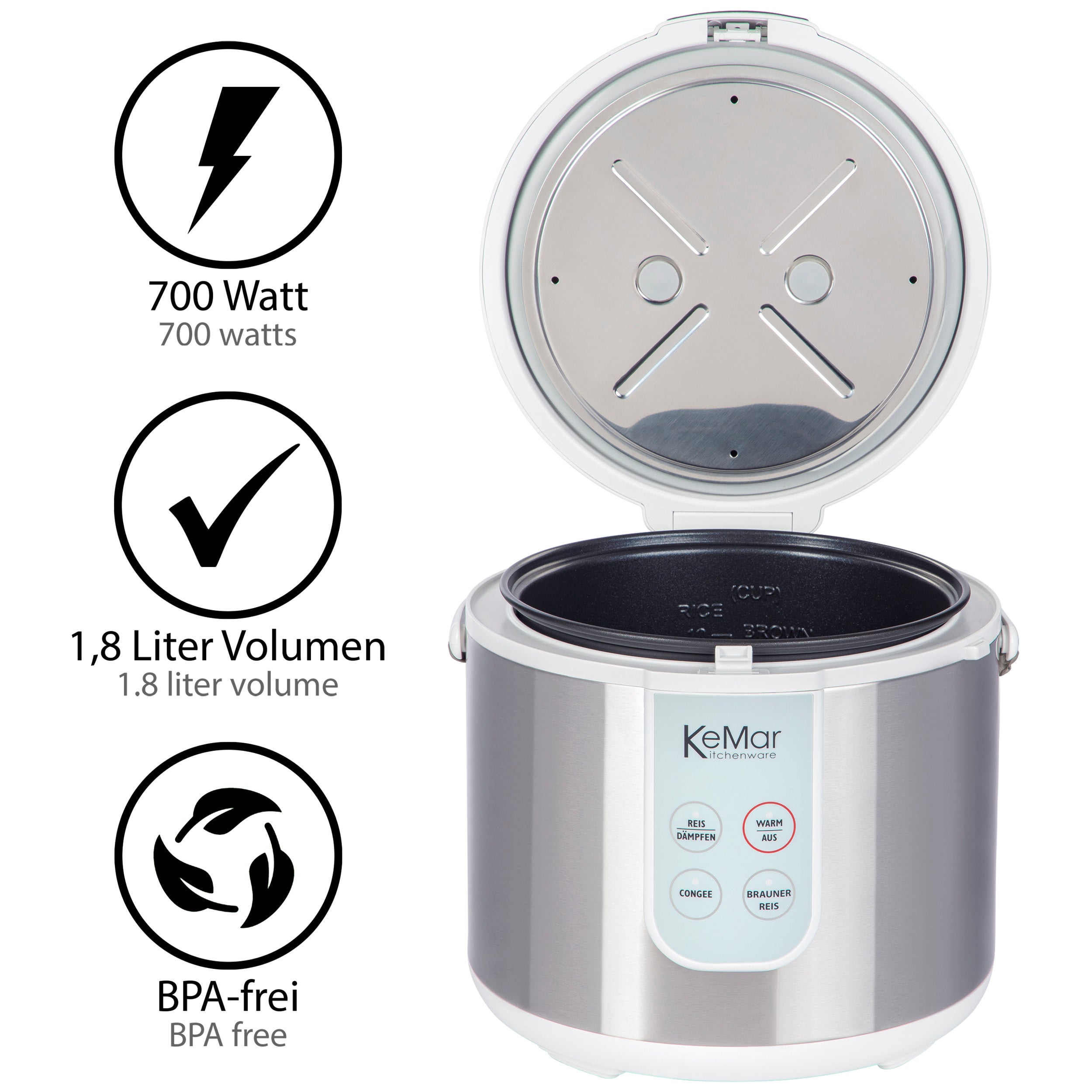 Topf KRC130 zum Reiskochen und gleichzeitig dämpfen von Gemüse, Reis und Fisch. 1,8 Liter für 1-6 Personen. 