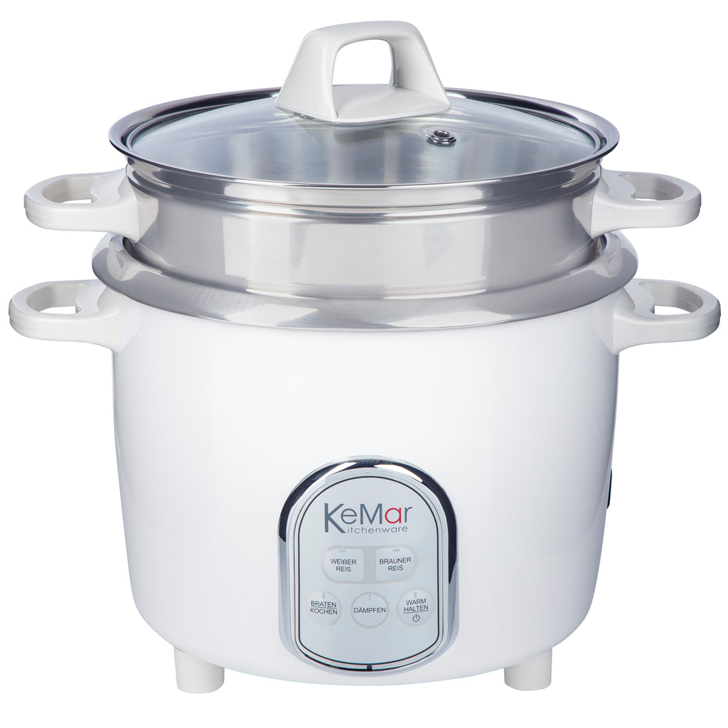 Der Reiskocher KRC-175 mit Edelstahltopf und Dämpfeinsatz zu Dampfgaren und dünsten, Slow cooker mit Keramiktopf mit dem man Milchreis kochen kann.  