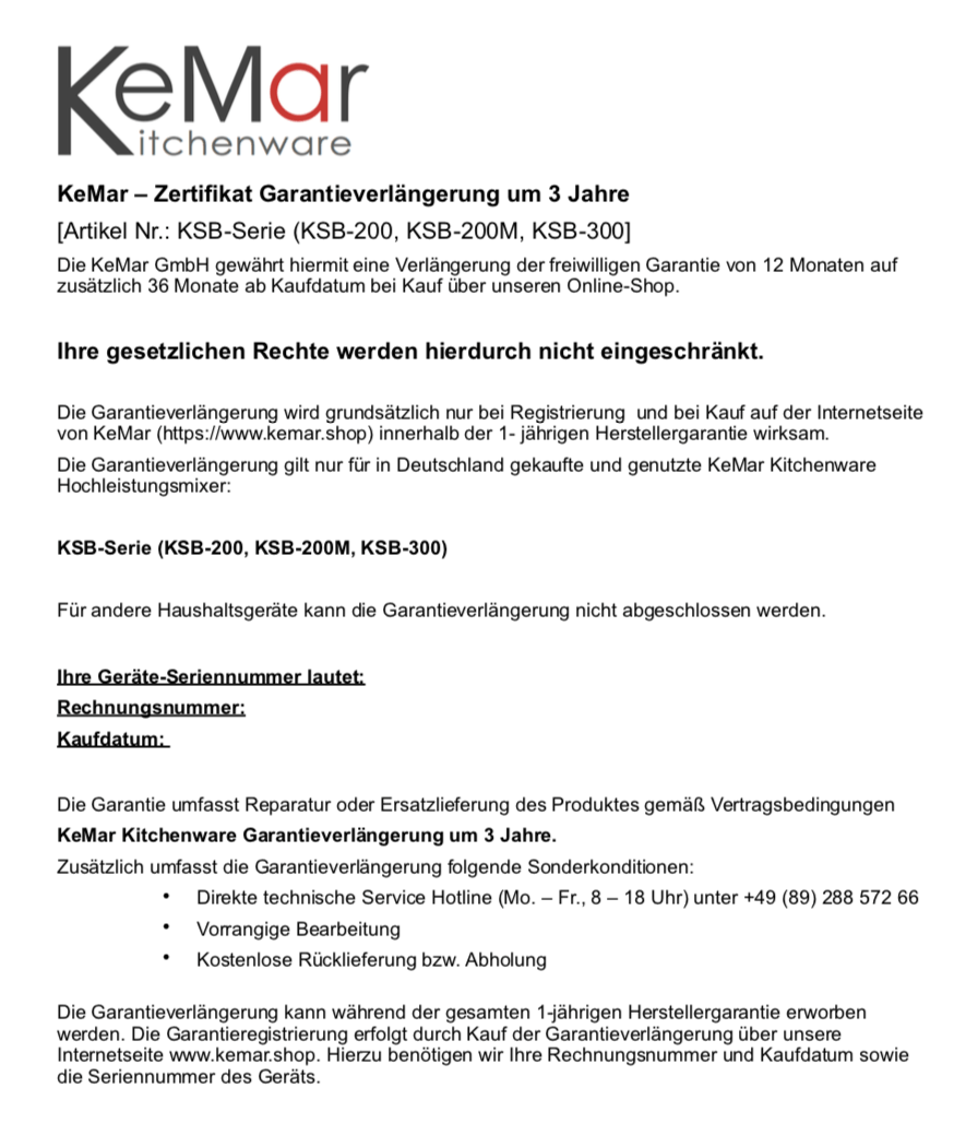 Garantieverlängerung | Für KSB-Serie Hochleistungsmixer | 3 Jahre - KeMar GmbH | Kitchenware | Haushaltsgeräte