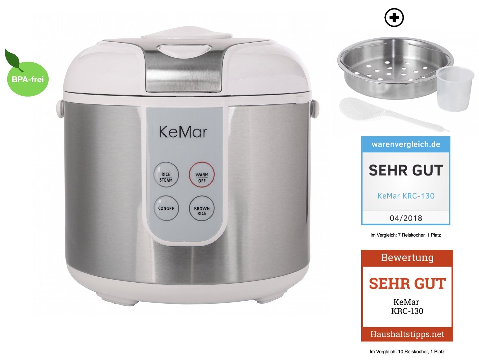 Testsieger Reiskocher KRC-130 mit 4 Programmen wie brauner Reis, weißer Reis, Congee Reisbrei und dämpfen sowie Warmhaltefunktion. Dünsteinsatz aus Edelstahl bereits inklusive.