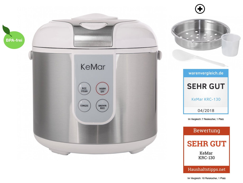Testsieger Reiskocher KRC-130 mit 4 Programmen wie brauner Reis, weißer Reis, Congee Reisbrei und dämpfen sowie Warmhaltefunktion. Dünsteinsatz aus Edelstahl bereits inklusive.